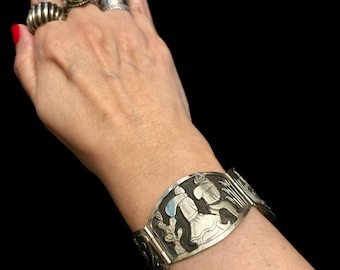 Unique Vintage Mexican Silver 925 Storyteller Bracelet with Aztec Design, circa 1950s! Heavy Sterling Silver Mexican Panel Bracelet