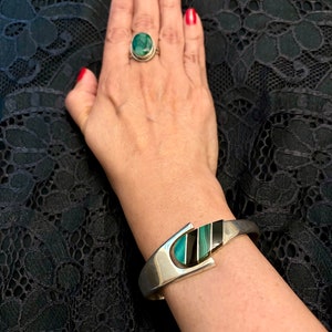 Vintage Mexican Silver Clamper Bracelet, Heavy Sterling Taxco Bracelet, Vintage Taxco Silver Modernist, Heavy Taxco 925 Malachite Bracelet