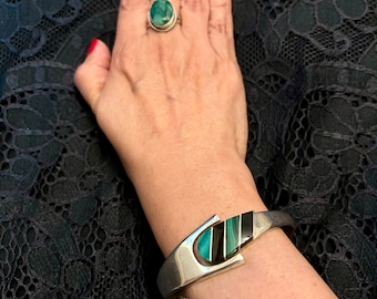 Vintage Mexican Silver Clamper Bracelet, Heavy Sterling Taxco Bracelet, Vintage Taxco Silver Modernist, Heavy Taxco 925 Malachite Bracelet