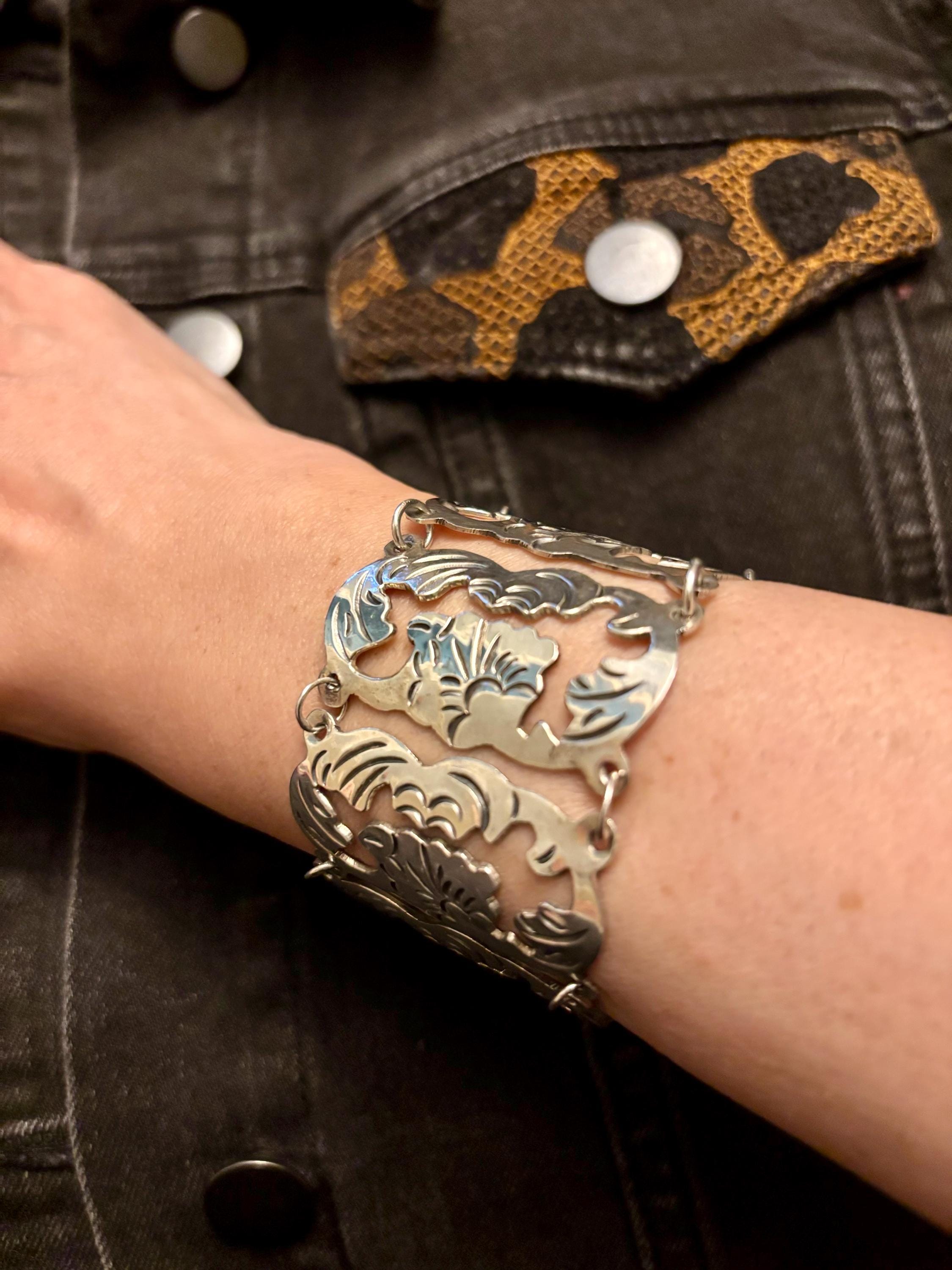 【 mexican　jewelry　925 】 Vintage Mexican Silver Jewelry, Mexico Silver Ornate Cutout Link