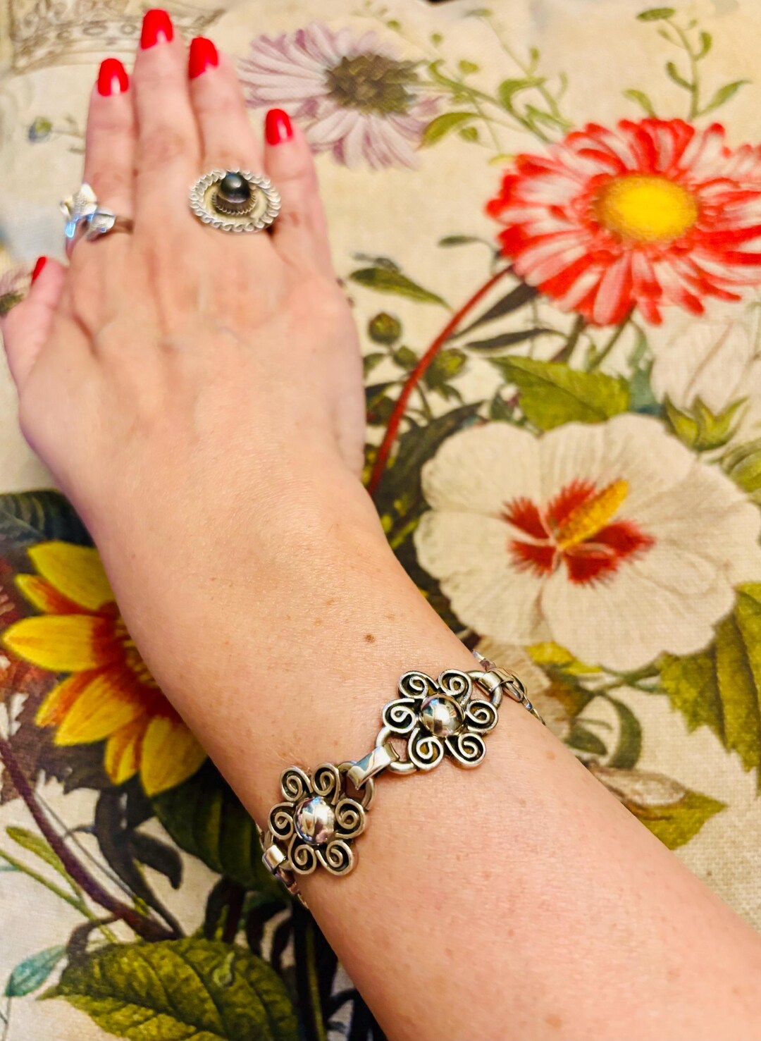 Taxco Silver 925 Flower Bracelet With Silver Beads, Taxco