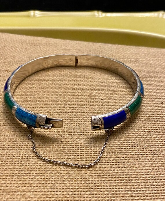 Vintage Siam Silver Blue Green Enamel Bracelet, S… - image 7