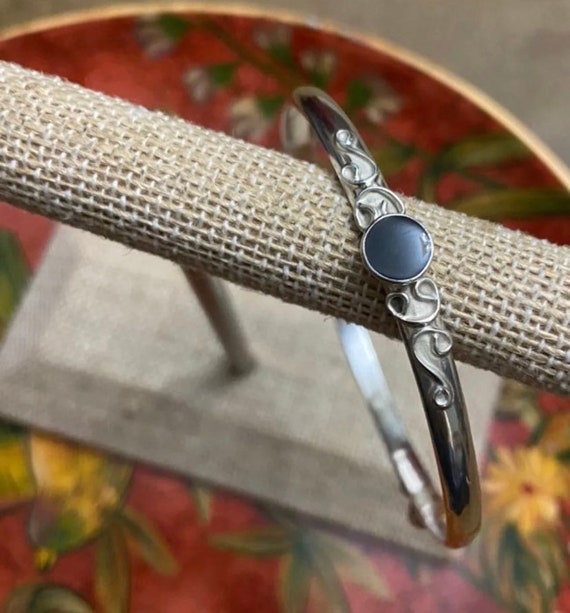 Taxco Sterling Silver & Onyx Bangle Bracelet, Ster