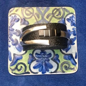 Heavy Taxco Sterling Silver Clamper Bracelet, Heavy Sterling Taxco Bracelet, Vintage Taxco Silver Modernist, Taxco 925 Onyx Bracelet