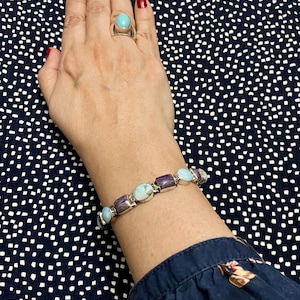 Silver 950 Link Bracelet with Blue & Purple Stones, 950 Silver Gemstones Link Bracelet, 950 Silver Link Bracelet,