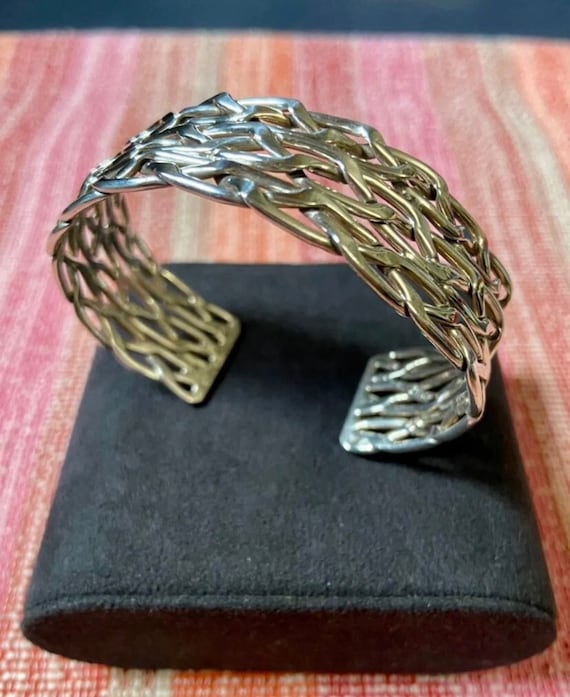 Vintage Sterling Silver Cuff Bracelet with Classic Braided Design, Mexico Modernist Silver Cuff Bracelet, Vintage Mexican Jewelry