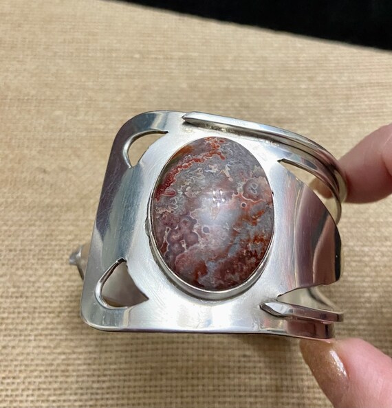 Silver & Jasper Gemstone Cuff Bracelet, Heavy Ste… - image 5