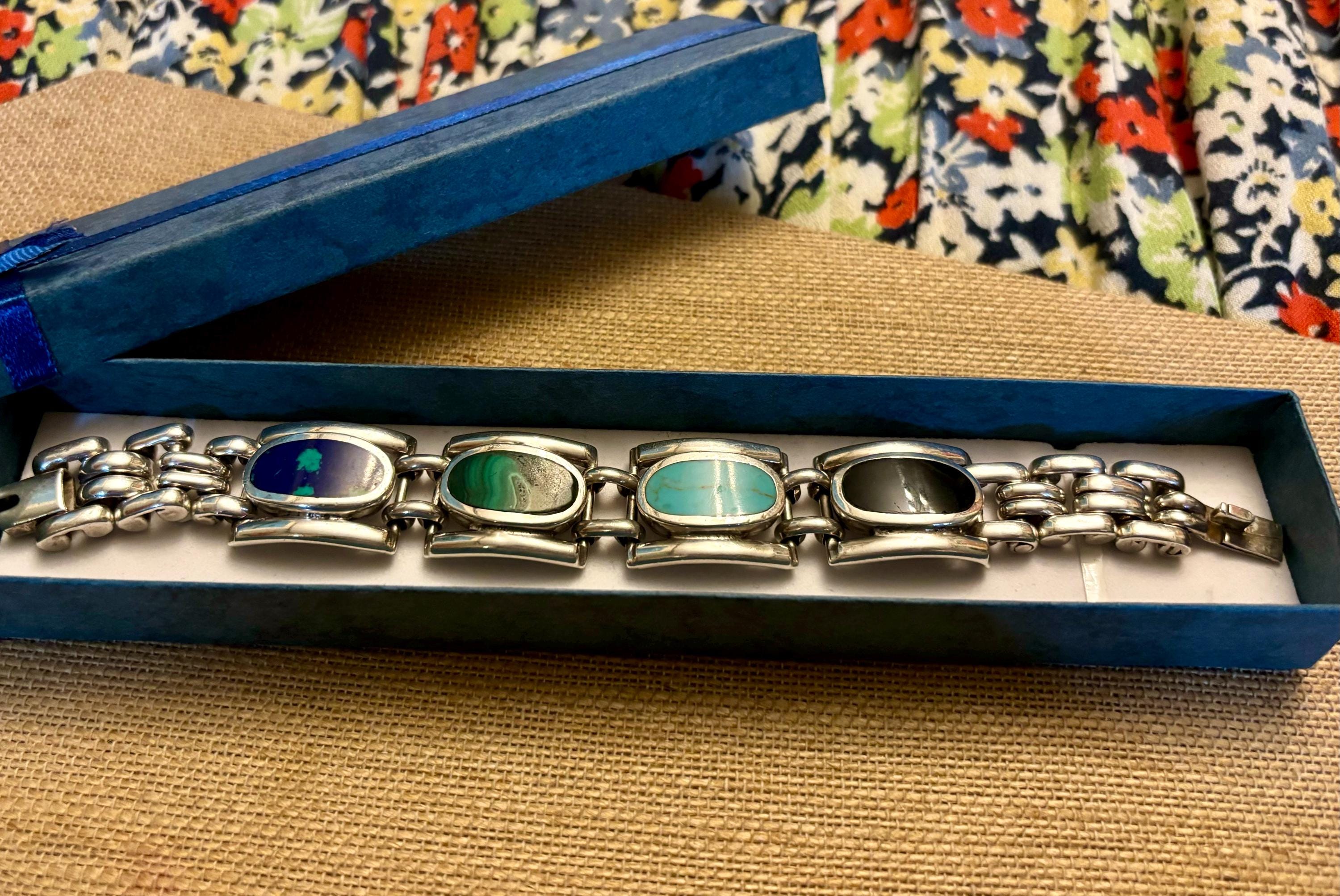 【お1人様1点限り】 Vintage Taxco 950 Bracelet With Multi Color Stones, Mexico アクセサリー