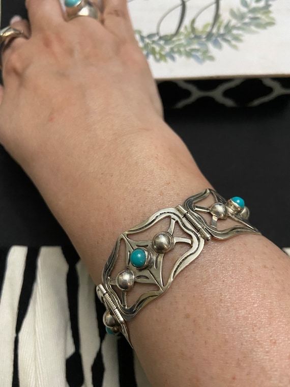 Vintage Mexican 925 Bracelet with Turquoise Stone… - image 1