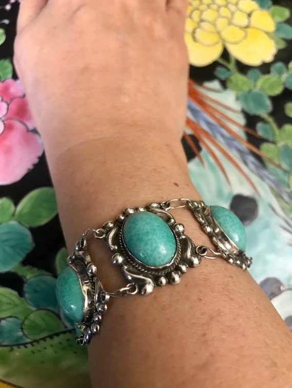 Mexican Art Deco Link Bracelet, Circa 1940s, Mexico Silver & Vintage Peking Glass Bracelet, Robin’s Egg Blue Color Bracelet