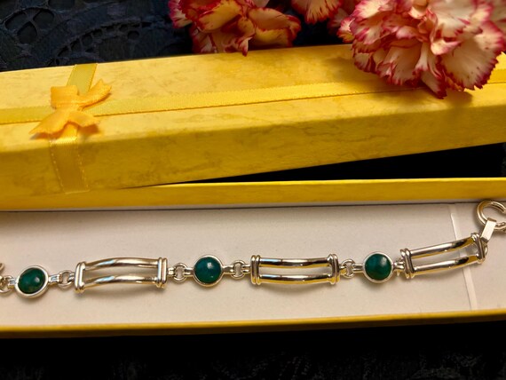 Vintage Silver Malachite Rectangular Link Bracele… - image 3