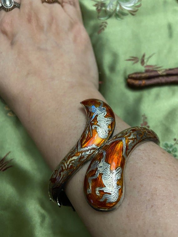 Siam Sterling Guilloche RED Bracelet 1950s, Vintag