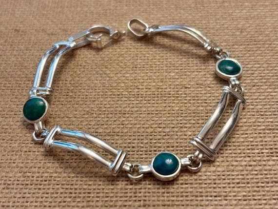 Vintage Silver Malachite Rectangular Link Bracele… - image 4