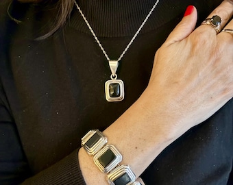 Pendentif Vintage En Argent 925 Et Pierres - Quintin V, Taxco Mexico (années 70) - Design Moderniste