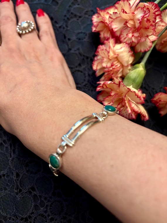 Vintage Silver Malachite Rectangular Link Bracele… - image 1