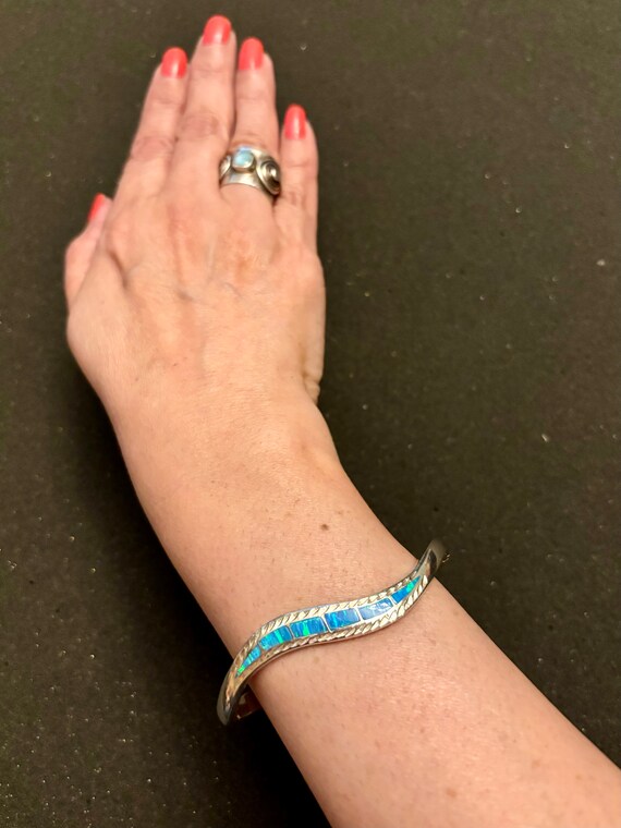Silver Bangle Bracelet with Blue Opal Stones, Vint