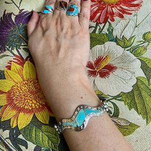 Turquoise Sterling Square Link Bracelet, Vintage Mexican Silver Bracelet, Sterling Silver 925 Wavy Design Link Bracelet