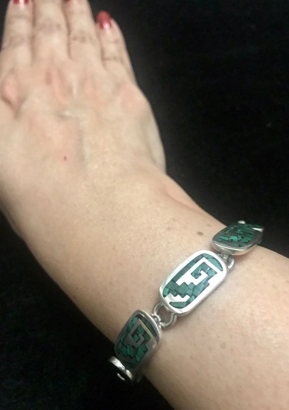 Taxco Sterling Link Bracelet with Malachite Stones