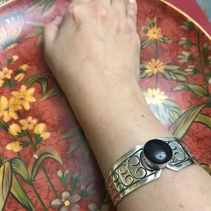 Vintage Mexico Silver 925 Cuff Onyx Stone, Sterling Silver Cuff Bracelet with Genuine Onyx Stone, Vintage Mexican Silver Jewelry