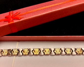 Italian Sterling & Gold Bracelet, Vintage Italian Silver Link Bracelet, Italian 925 Puzzle Link Bracelet, Italy Jewelry 1970s