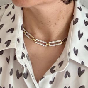 Vintage Taxco Sterling Silver Rectangular Link Necklace, Mexican Silver Brass Link Necklace, Mexico Silver Rectangle Link Collar Necklace