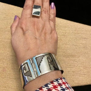 Vintage Mexican Sterling Silver Link Bracelet, Mexico Mid-Century 925 Link Bracelet, Wide Sterling Link Panel Bracelet, Greek Key Design