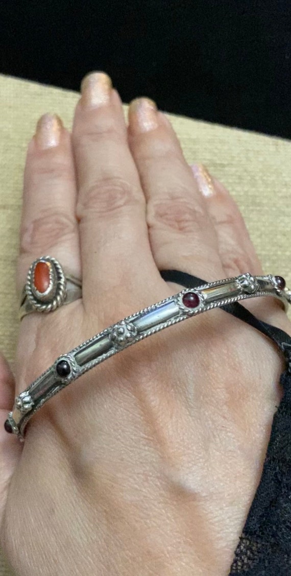 Victorian Sterling Silver Bangle Bracelet with Red