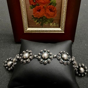 RARE Taxco 1940s! 980 Silver Taxco Flower Link Bracelet, Vintage Silver 980 Bracelet, Taxco Flower Bracelet, Vintage Mexican Jewelry