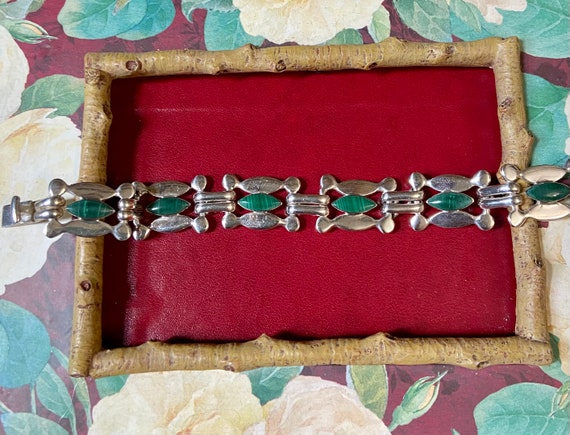 Taxco Silver Link Bracelet with Malachite Stones,… - image 2