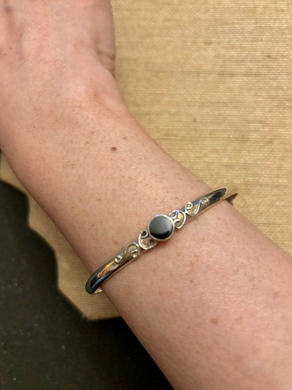 Taxco Sterling Silver & Onyx Bangle Bracelet, Sterling Taxco Bracelet, Vintage Taxco Silver Modernist, Taxco 925 Onyx Bangle