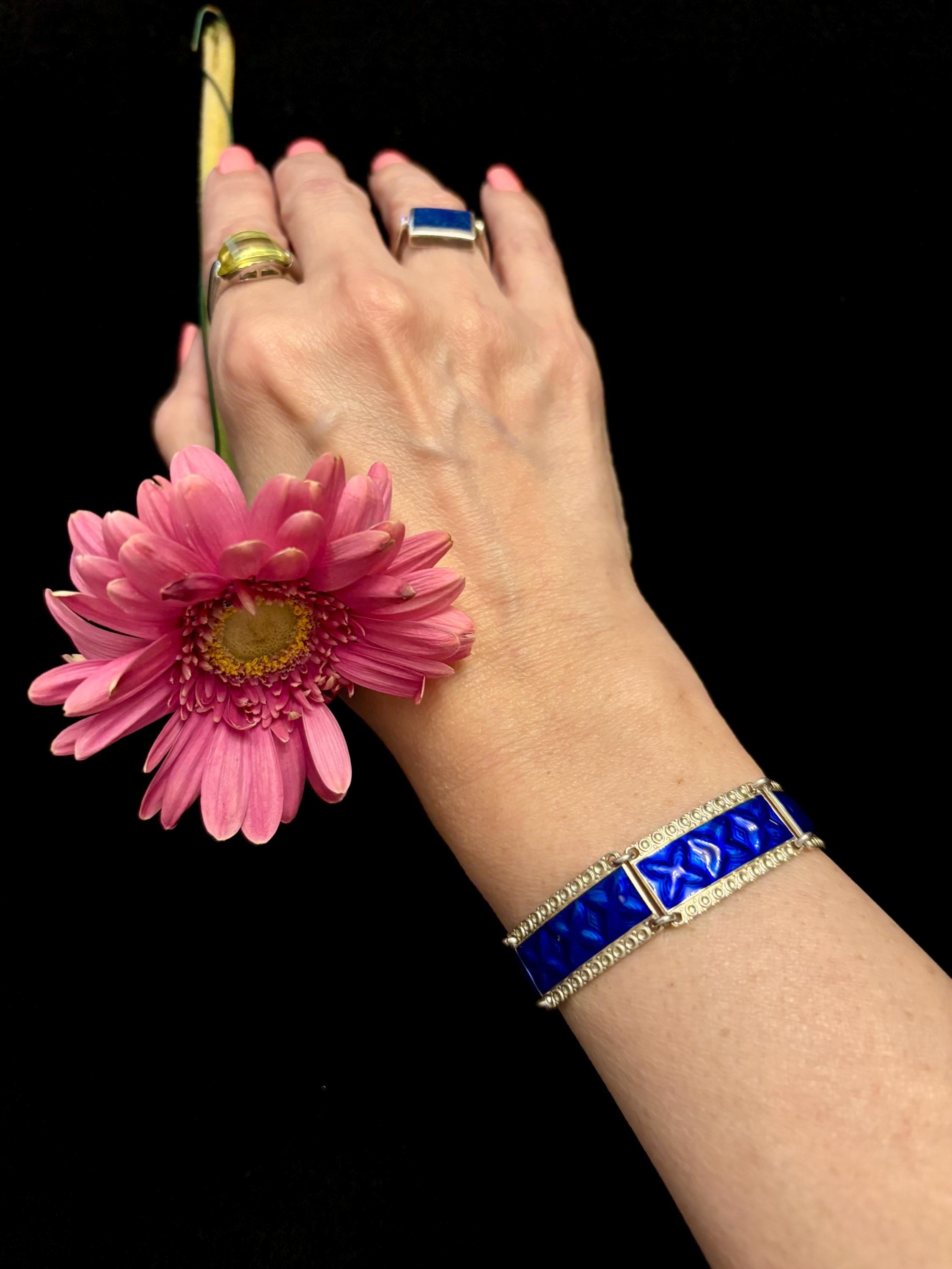 Vintage Norway Sterling Silver Guilloche Royal Blue Enamel Link Bracelet, Norwegian Silver & Gold Plated XOXO Bracelet