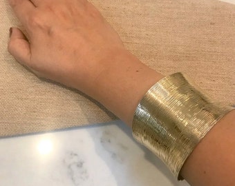 Sterling Silver & Gold Overlay Wide Width Cuff Bracelet, Statement Piece Cuff Bracelet, Silver 925 Ribbed Gold Plated Cuff Bracelet