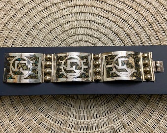 Heavy Mexican 3-panel Silver Beads Bracelet, Vintage Mexican Sterling Bracelet 43 Grams! Vintage Sterling Silver Aztec Link Bracelet