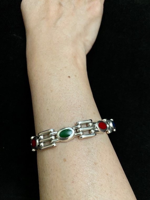 Taxco Silver Link Bracelet with Inlay Stones, Vin… - image 1