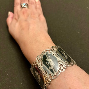 Vintage Siam Silver Guilloche Black Enamel, Circa 1950s! Wide Sterling Silver Black Enamel Siam Panel Bracelet