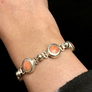 Mexico Silver 925 and Stone Link Bracelet, Sterling Silver Circle Link Bracelet,  Pink Stones and Silver Bracelet