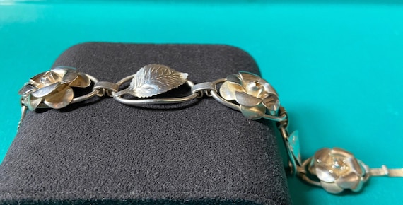 Sterling Silver Flower Link Bracelet, Sterling Silver and Leaf Bracelet, Sterling Silver Link Bracelet, Vintage Sterling Flower Bracelet