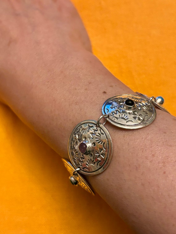 Taxco Silver Link Bracelet with Inlay Stones, Vintage Taxco Sterling 925 Circle Link Bracelet, Vintage Mexico Silver 925 Jewelry