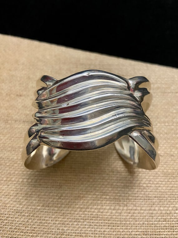 Mexican Silver Modernist Wide Cuff Bracelet, Taxc… - image 4