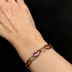 Thailand Sterling RED Enamel Link Bracelet 1950s, Vintage Thailand Silver Enamel Bracelet, Thailand Sterling Red Enamel Link Bracelet