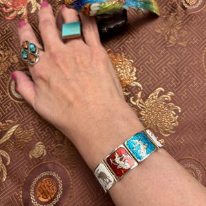 Siam Sterling Guilloche RED WHITE BLUE Bracelet 1950s, Vintage Siam Silver Guilloche Enamel Bracelet, Siam Sterling Enamel Link Bracelet