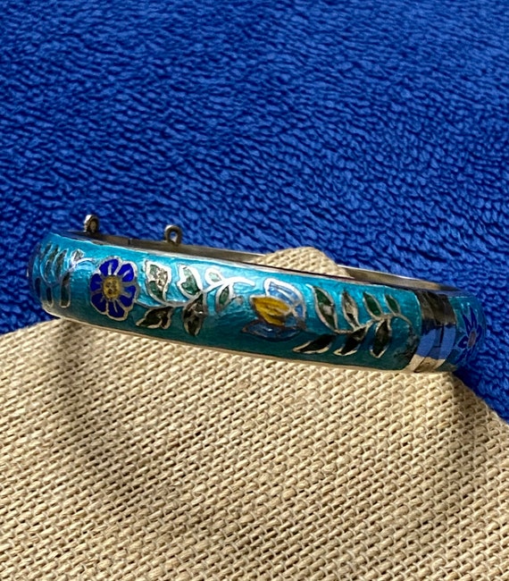 Vintage Silver Blue Enamel Bracelet, Guilloche Ba… - image 4