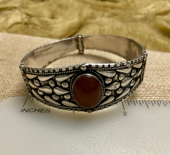 Sterling Silver Repousse and Carnelian Stone Brac… - image 7