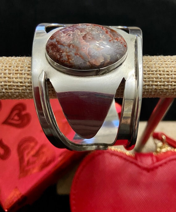 Silver & Jasper Gemstone Cuff Bracelet, Heavy Ste… - image 2