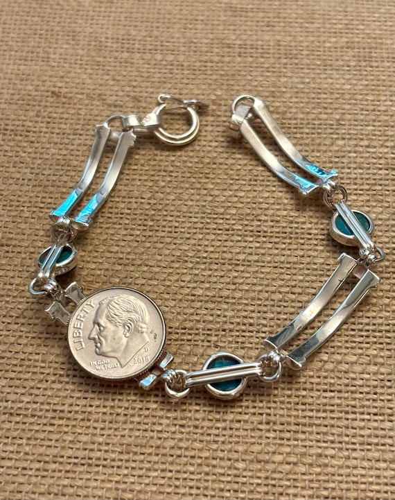 Vintage Silver Malachite Rectangular Link Bracele… - image 5