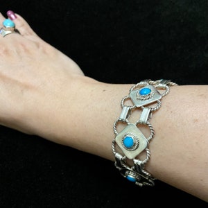 Mexican Silver & Turquoise Cabochon Link Bracelet, Circa 1940s! Vintage Mexican Jewelry, Silver Turquoise Bracelet