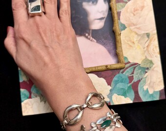Taxco Silver Link Bracelet with Malachite Stones, Vintage Taxco Silver 950 Malachite Bracelet, Vintage Mexican Jewelry
