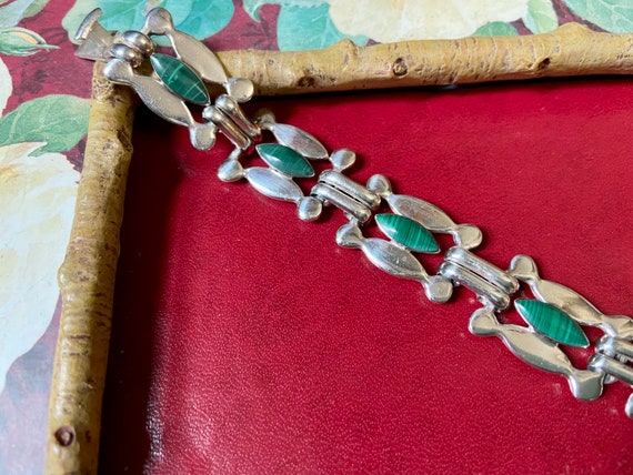 Taxco Silver Link Bracelet with Malachite Stones,… - image 1