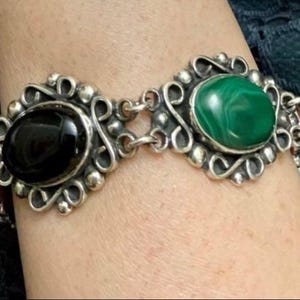Designer Bernice Goodspeed Taxco Silver Multistones Bracelet, Vintage Taxco Designer Sterling Malachite Tigereye Bracelet