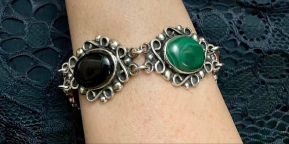 Designer Bernice Goodspeed Taxco Silver Multistones Bracelet, Vintage Taxco Designer Sterling Malachite Tigereye Bracelet